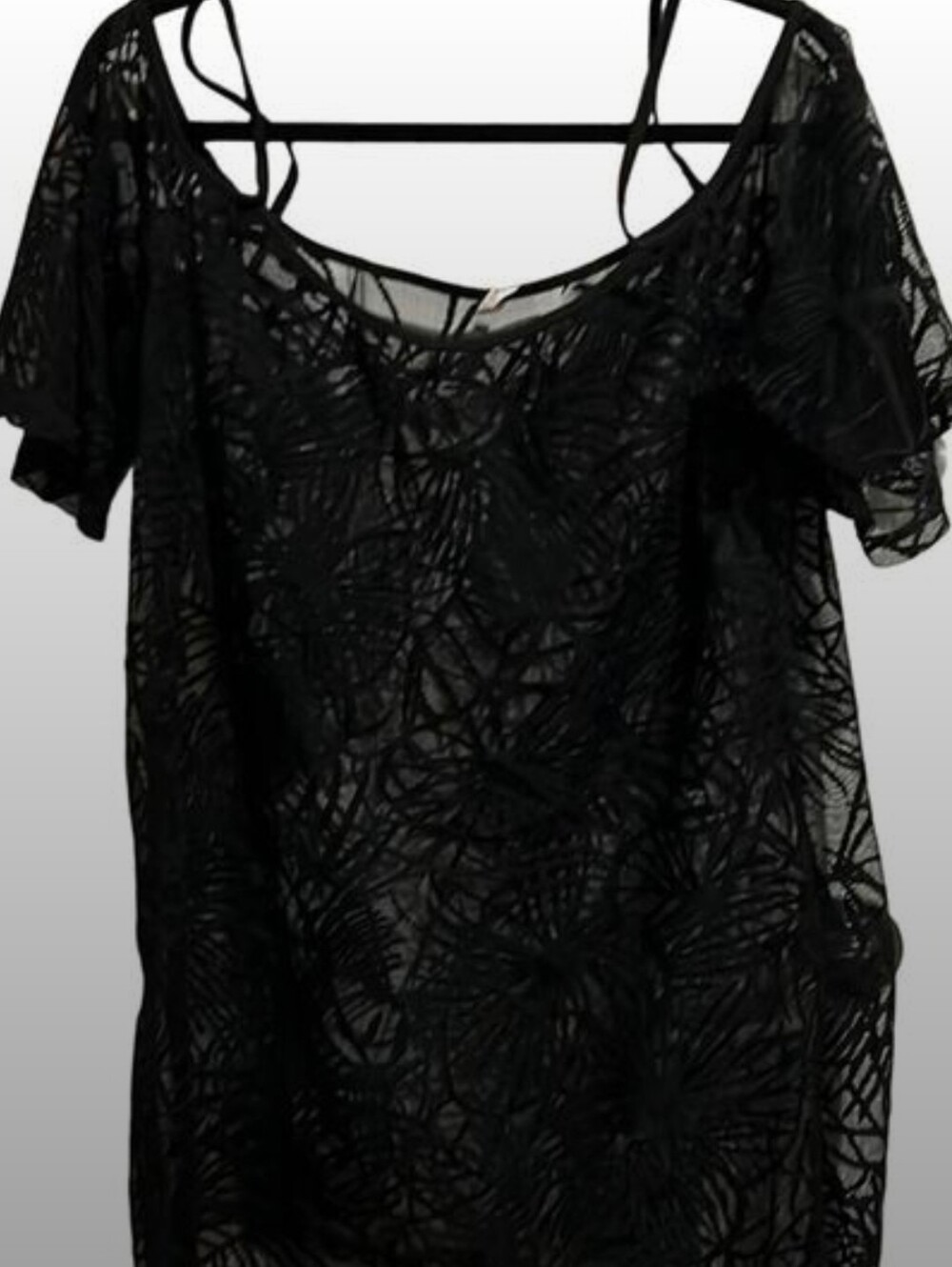 Black Lace Swim Coverup Tunic with Sheer Floral Overlay Sz L